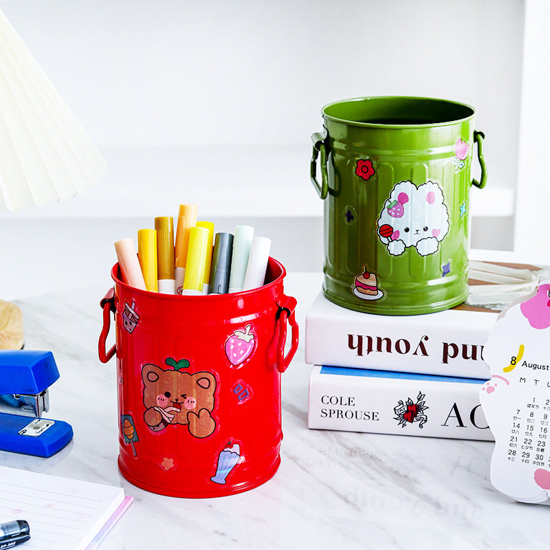 Cylindrical wrought iron pen holder DIY creative desktop storage bucket multifunctional stationery pen holder by eprolo