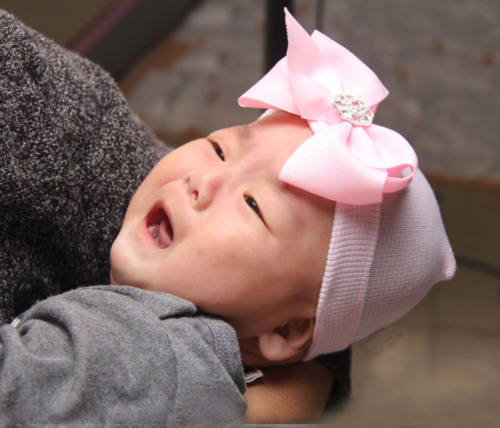 European and American Big Bow Glittering Diamond Pink Stripe Girl Baby Knitted Hat Newborn Baby Pullover Hat by eprolo