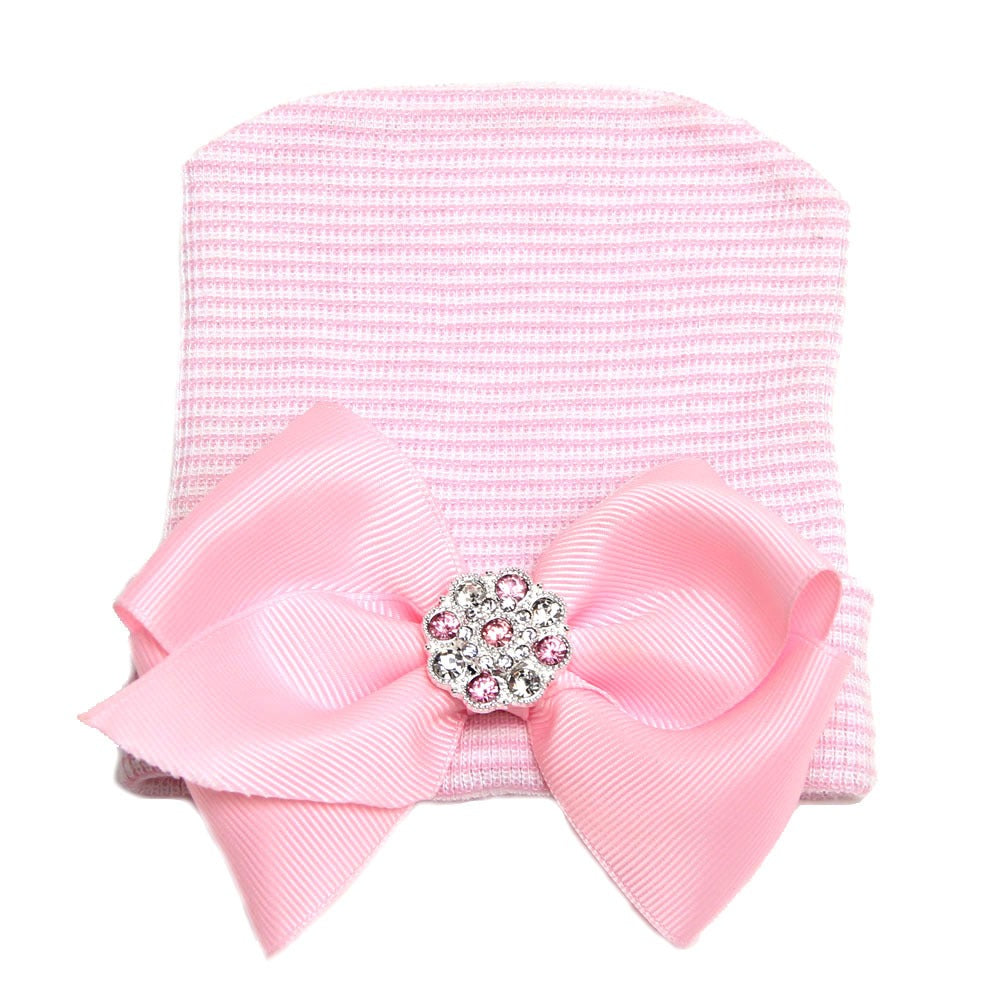 European and American Big Bow Glittering Diamond Pink Stripe Girl Baby Knitted Hat Newborn Baby Pullover Hat by eprolo