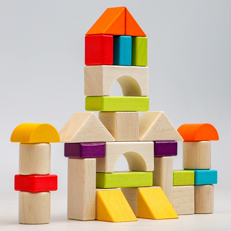 Wooden box packed building blocks, shape recognition, creativity, assembly thinking, exercise, color recognition, early education, interactive wooden toys by eprolo