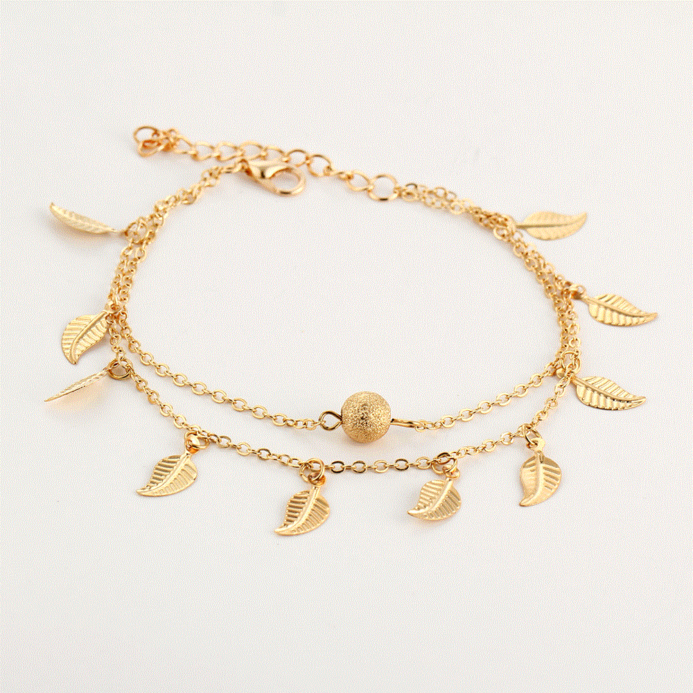 Tassel small leaf foot jewelry beach vacation double layered vintage women's ankle chain jewelry by eprolo