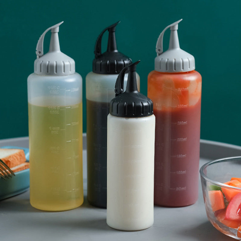 Kitchen Salad Dressing Press Squeeze Oil Bottle With Scale Plastic Seasoning Bottle Tip Mouth Jam Bottle Oil Pot by eprolo