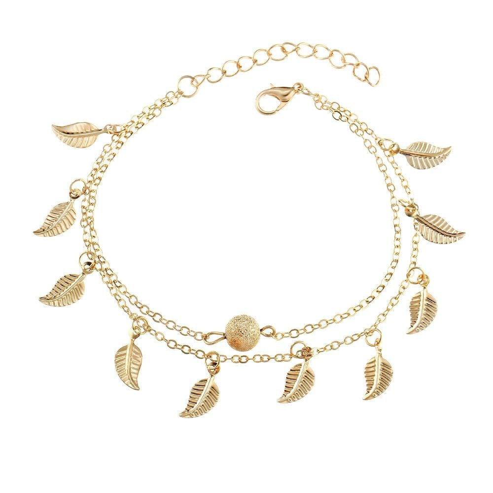 Tassel small leaf foot jewelry beach vacation double layered vintage women's ankle chain jewelry by eprolo