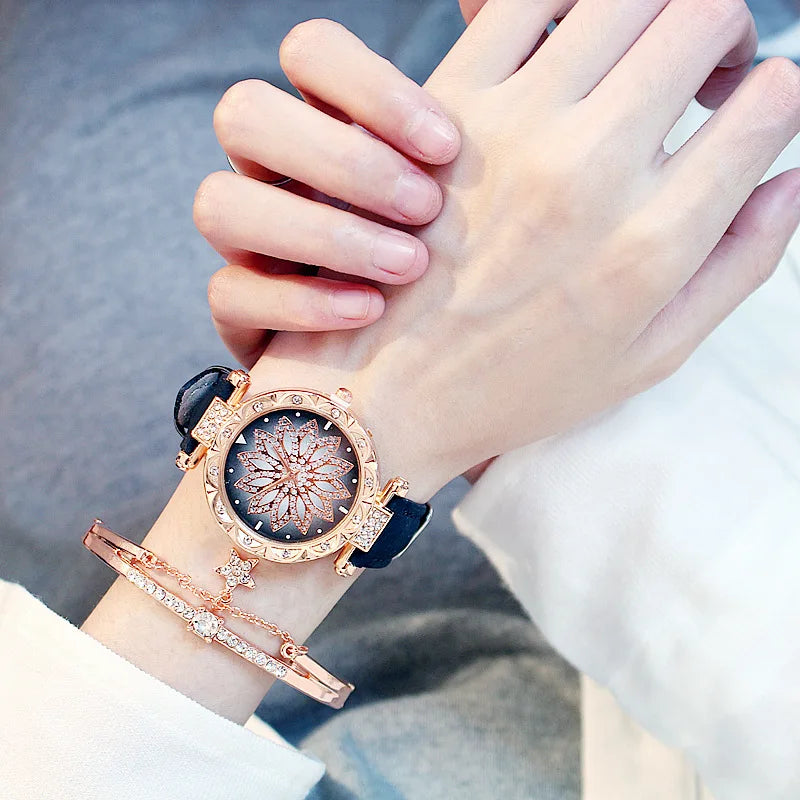 Women Starry Sky Watch Luxury Rose Gold Diamond Watches Ladies Casual Leather Band Quartz Wristwatch Female Clock zegarek damski by eprolo
