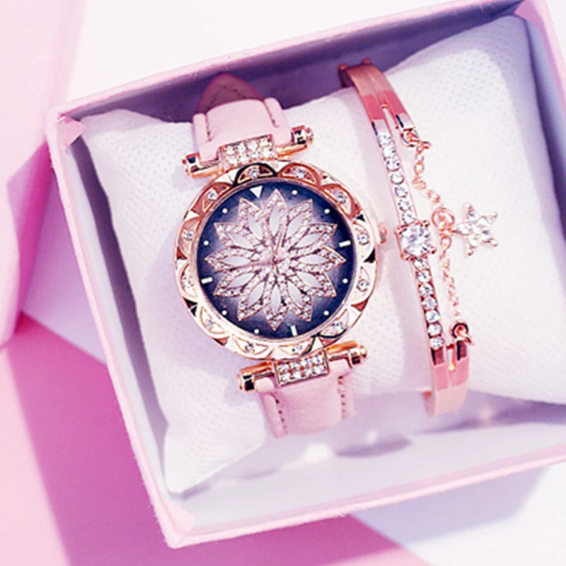 Women Starry Sky Watch Luxury Rose Gold Diamond Watches Ladies Casual Leather Band Quartz Wristwatch Female Clock zegarek damski by eprolo
