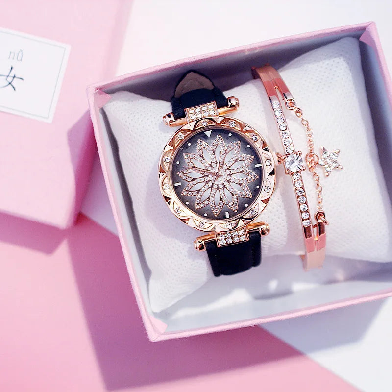 Women Starry Sky Watch Luxury Rose Gold Diamond Watches Ladies Casual Leather Band Quartz Wristwatch Female Clock zegarek damski by eprolo