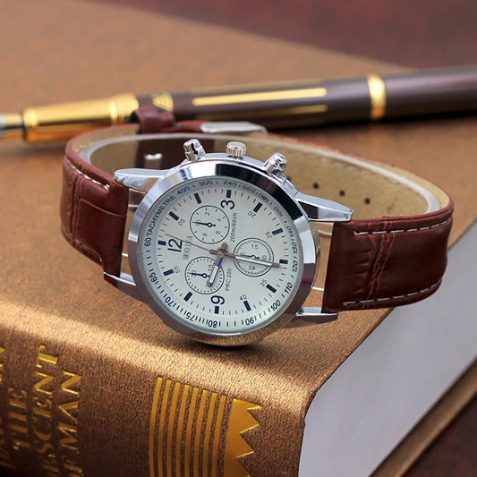 Men Quartz Watch Top Brand Fashion Featured Three Eyes Watch Quartz Men's Watch Leather Belt Men's Black White Glass Belt Men by eprolo
