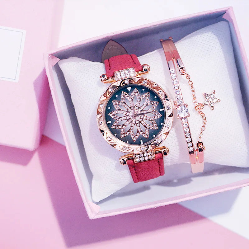 Women Starry Sky Watch Luxury Rose Gold Diamond Watches Ladies Casual Leather Band Quartz Wristwatch Female Clock zegarek damski by eprolo