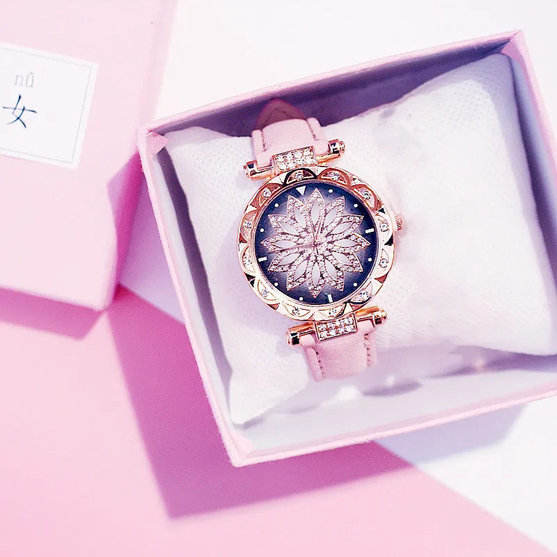 Women Starry Sky Watch Luxury Rose Gold Diamond Watches Ladies Casual Leather Band Quartz Wristwatch Female Clock zegarek damski by eprolo