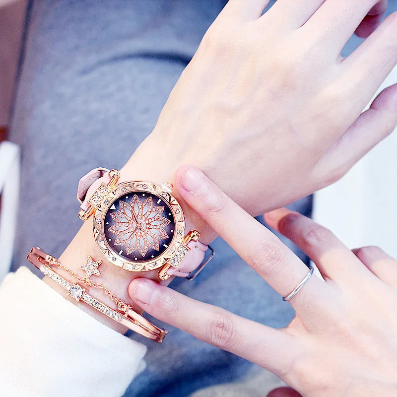 Women Starry Sky Watch Luxury Rose Gold Diamond Watches Ladies Casual Leather Band Quartz Wristwatch Female Clock zegarek damski by eprolo