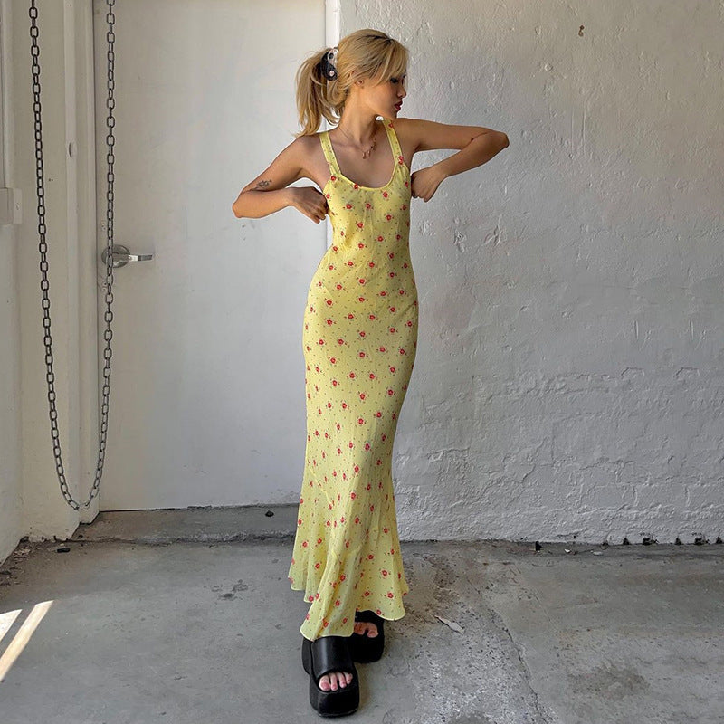 French European and American foreign trade women's floral long skirt suspender soft and comfortable sexy casual vacation trend cotton dress by My Store