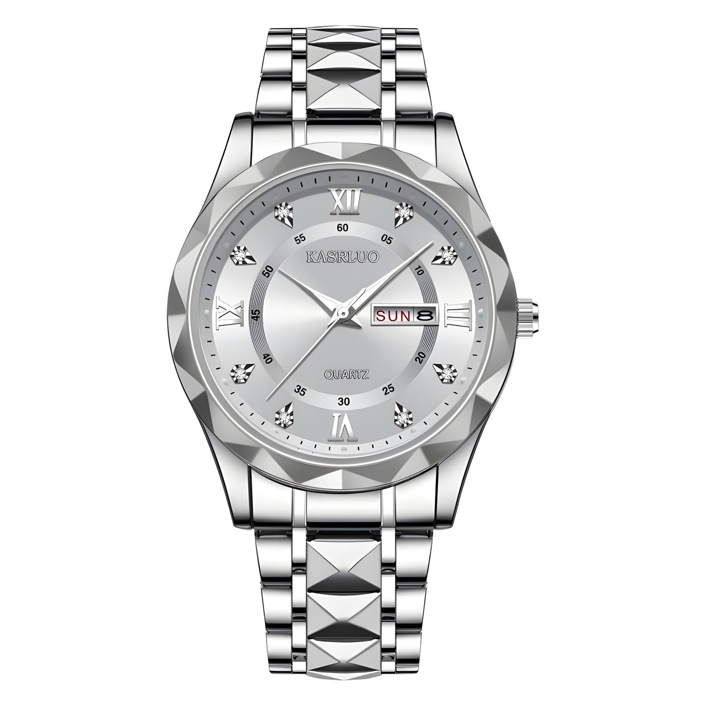 KASRLUO Watch Men's English Date Diamond Case with Luminous Waterproof Minimalist Quartz Watch Large Dial