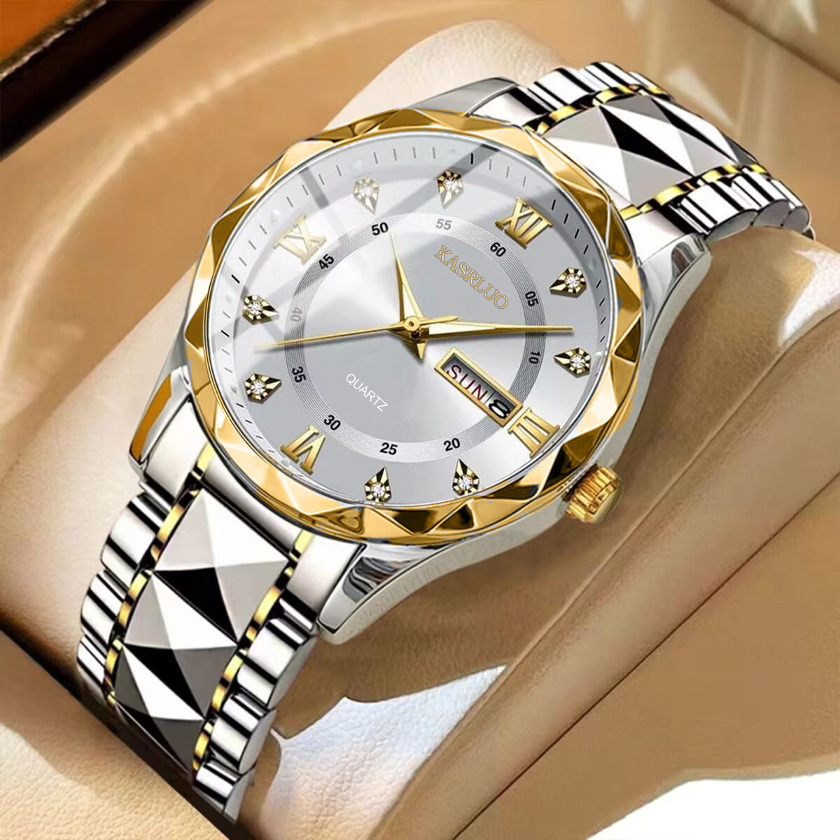 KASRLUO Watch Men's English Date Diamond Case with Luminous Waterproof Minimalist Quartz Watch Large Dial