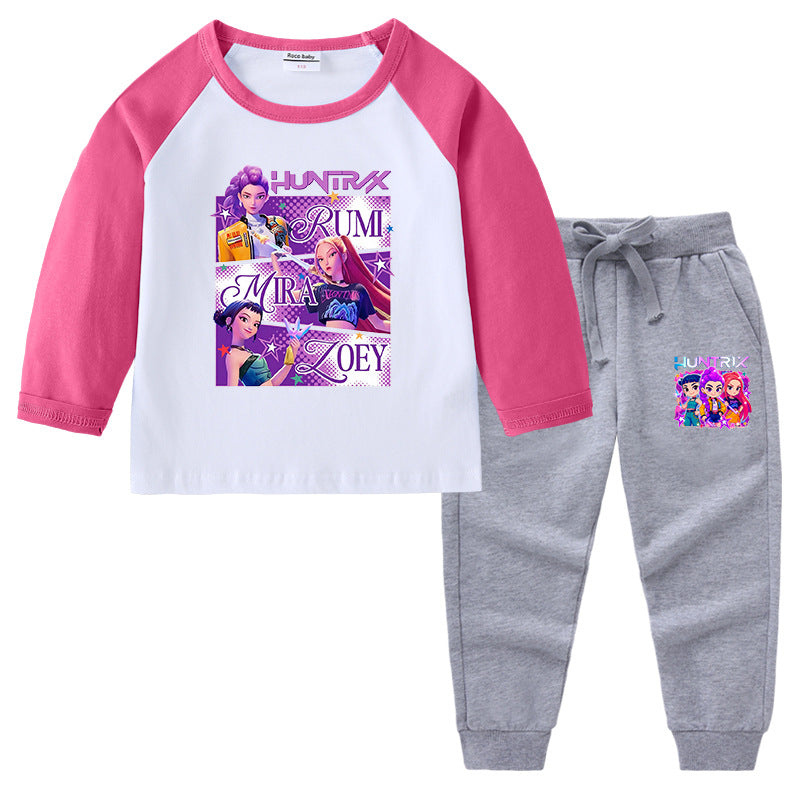 Kpop Witch Hunt Group Korean version raglan spring and autumn girls' T-shirt crew neck cartoon long-sleeved top base shirt set