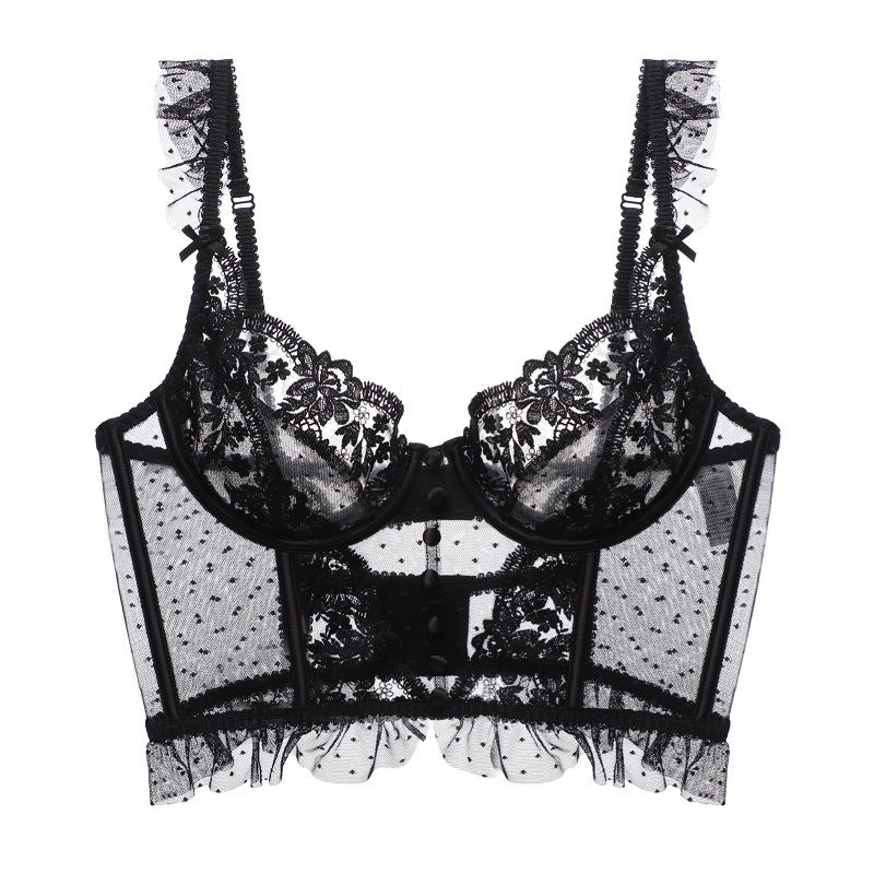 French style corset with steel ring ultra-thin big breasts show small gathered fishbone corset embroidered lace sexy bra by My Store
