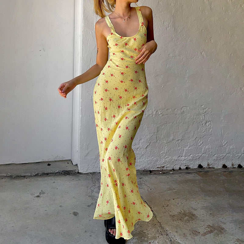 French European and American foreign trade women's floral long skirt suspender soft and comfortable sexy casual vacation trend cotton dress by My Store