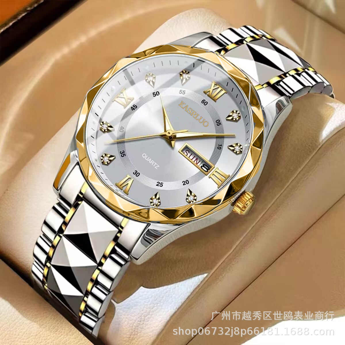 KASRLUO Watch Men's English Date Diamond Case with Luminous Waterproof Minimalist Quartz Watch Large Dial