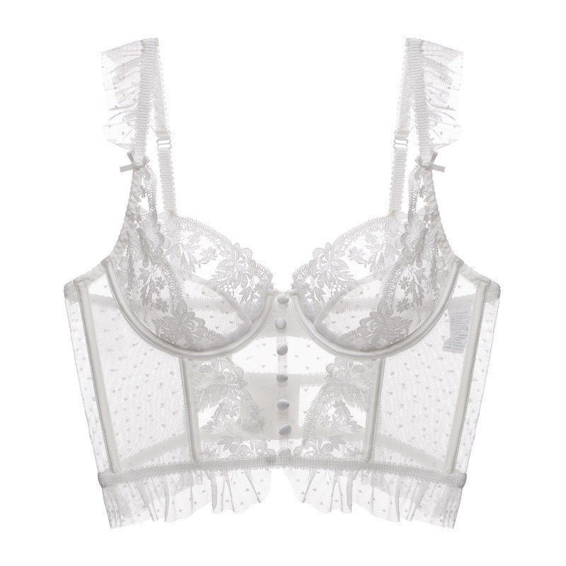 French style corset with steel ring ultra-thin big breasts show small gathered fishbone corset embroidered lace sexy bra by My Store