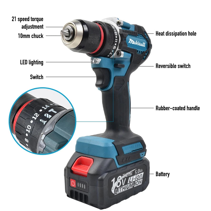 for Makita DDF487 Screwdriver Cordless Percussion Drill 18V Electric Variable Speed Brushless Impact Power Tools Power Drill by My Store