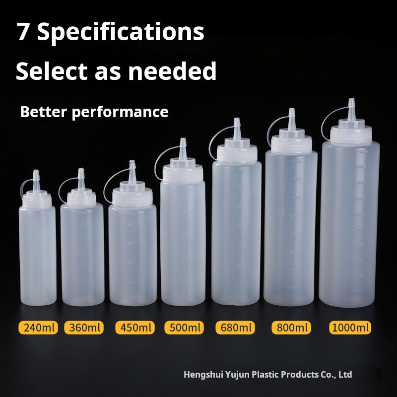 Wholesale extruded sauce bottles, multi-specification salad bottles with scales and lids, tomato sauce squeeze bottles, plastic needle-spout bottles