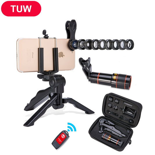Kit d'objectifs pour téléphone Akinger 4 en 1, 5 en 1, 7 en 1, 10 en 1, 13 en 1, Fisheye, grand angle, macro, télescope pour iPhone, Xiaomi, Android