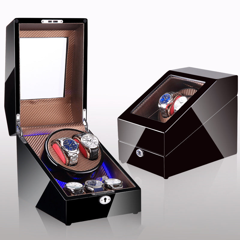 Boîte à remontoir de montre, shaker de montre, boîte de rangement, lumière LED, couvercle ouvert et arrêté, shaker de montre