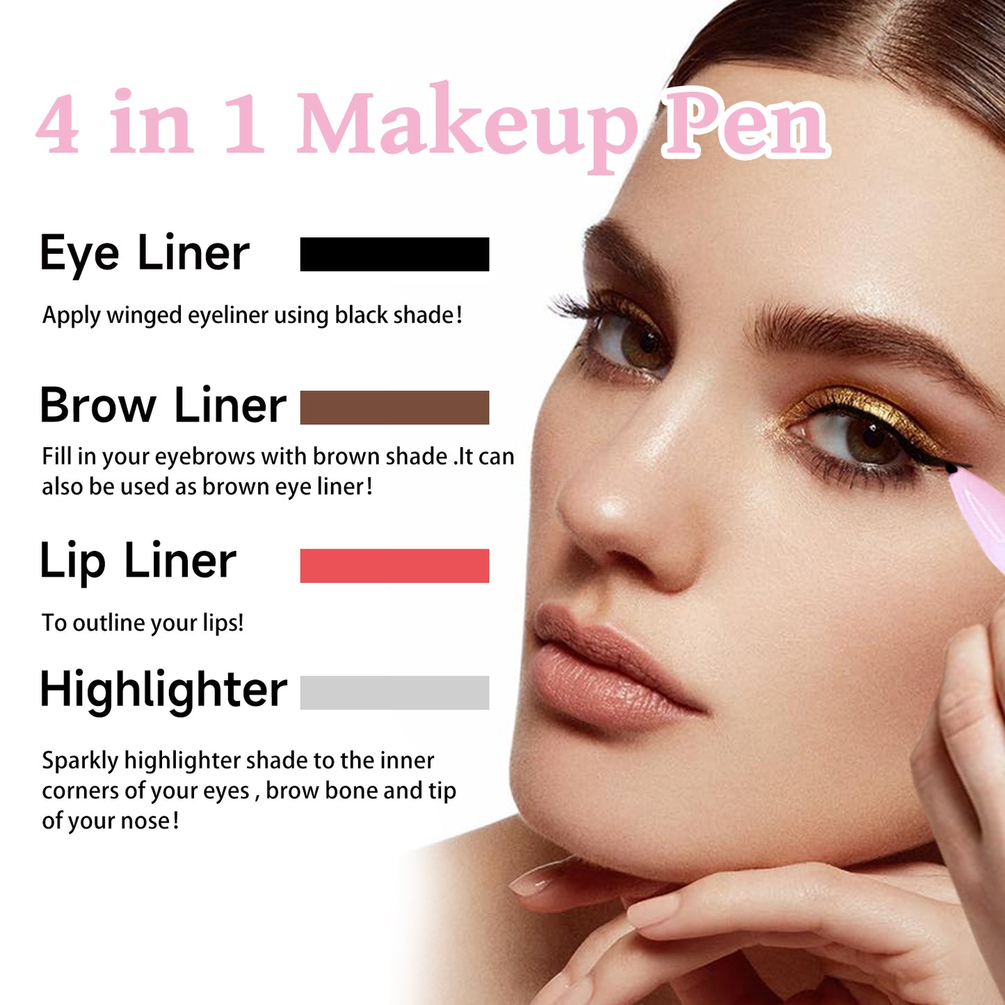 4 In 1 Makeup Pen, Eyeliner, Eyebrow Pencil, Lip Liner, Highlighter 4 In 1 Makeup Pen, Multifunctional And Portable