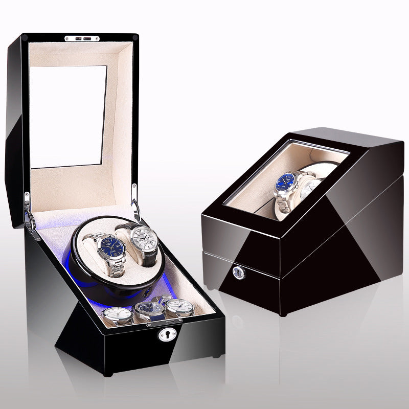 Boîte à remontoir de montre, shaker de montre, boîte de rangement, lumière LED, couvercle ouvert et arrêté, shaker de montre
