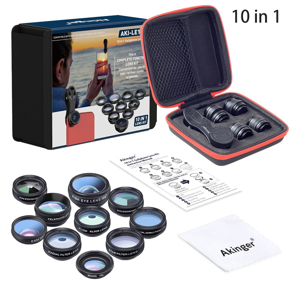 Akinger 4in1 5in1 7in1 10in1 13in1 Phone camera Lens Kit Fisheye Wide Angle macro telescope for iphone xiaomi android phone by eprolo