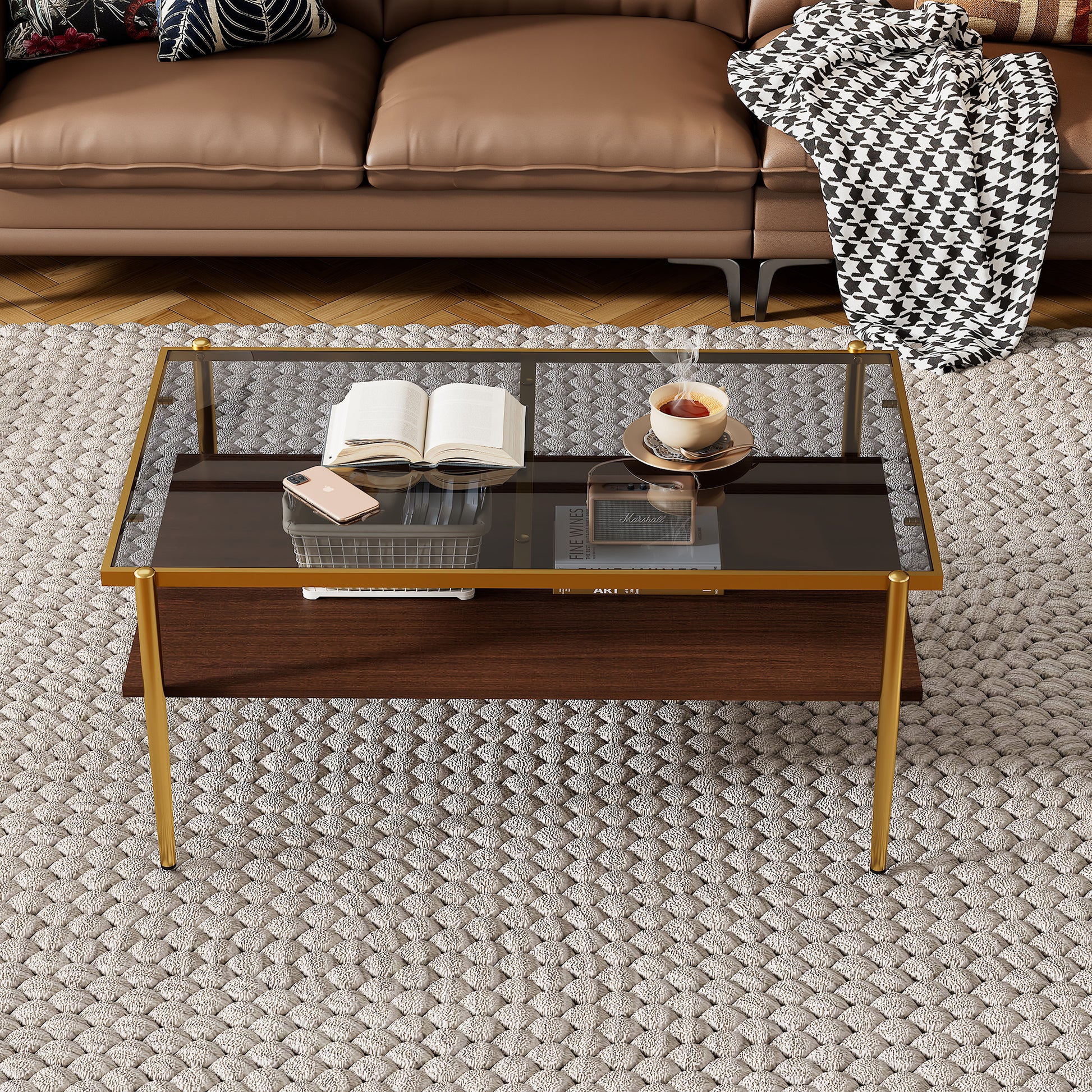 Rectangle Coffee Table with Gray Tempered Glass top and Golden Legs, Modern Table for Living Room by eprolo
