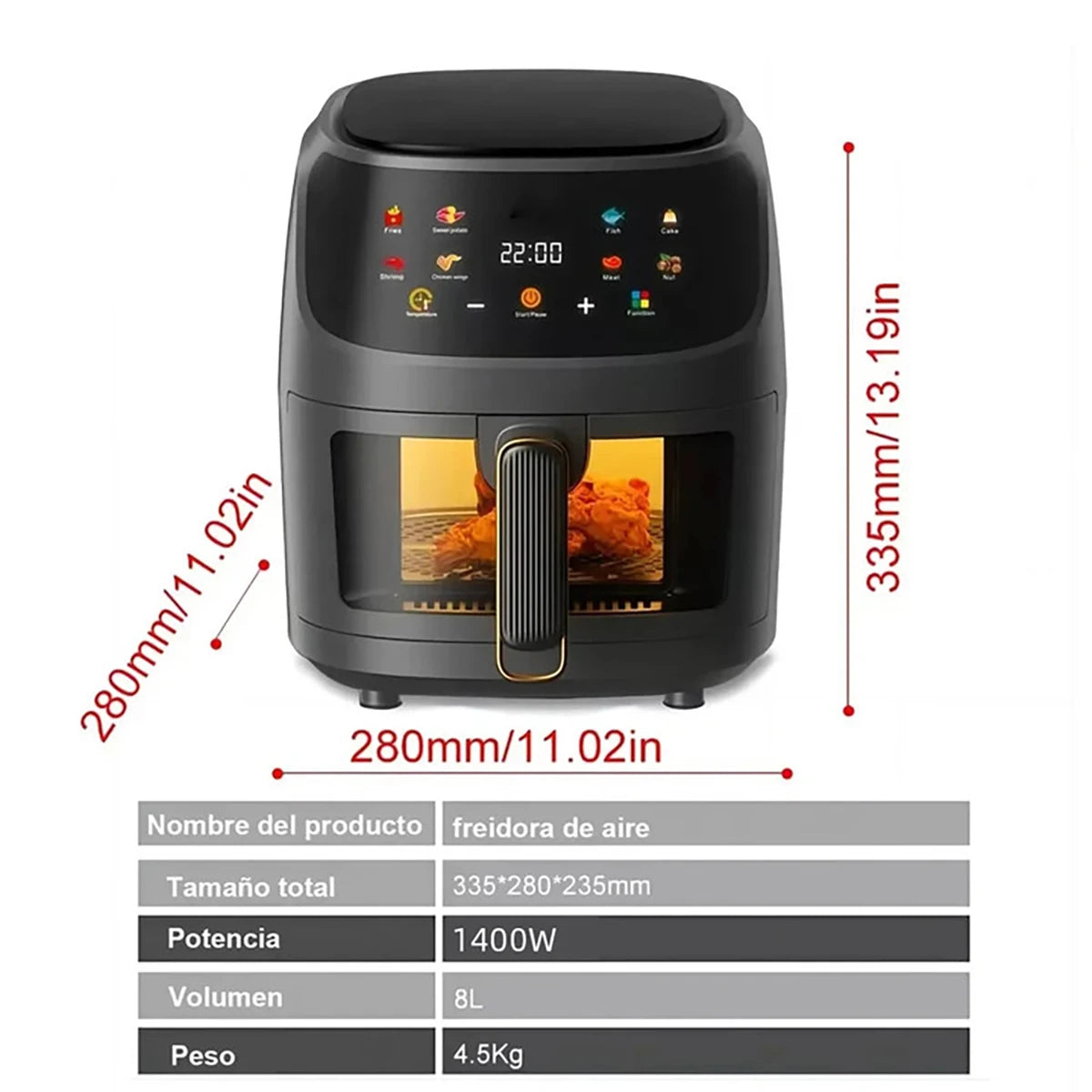 Friteuse à air sans huile 1400 W 8 L, appareil domestique programmable intelligent à LED tactile, cycle thermique, pour frites, poulet