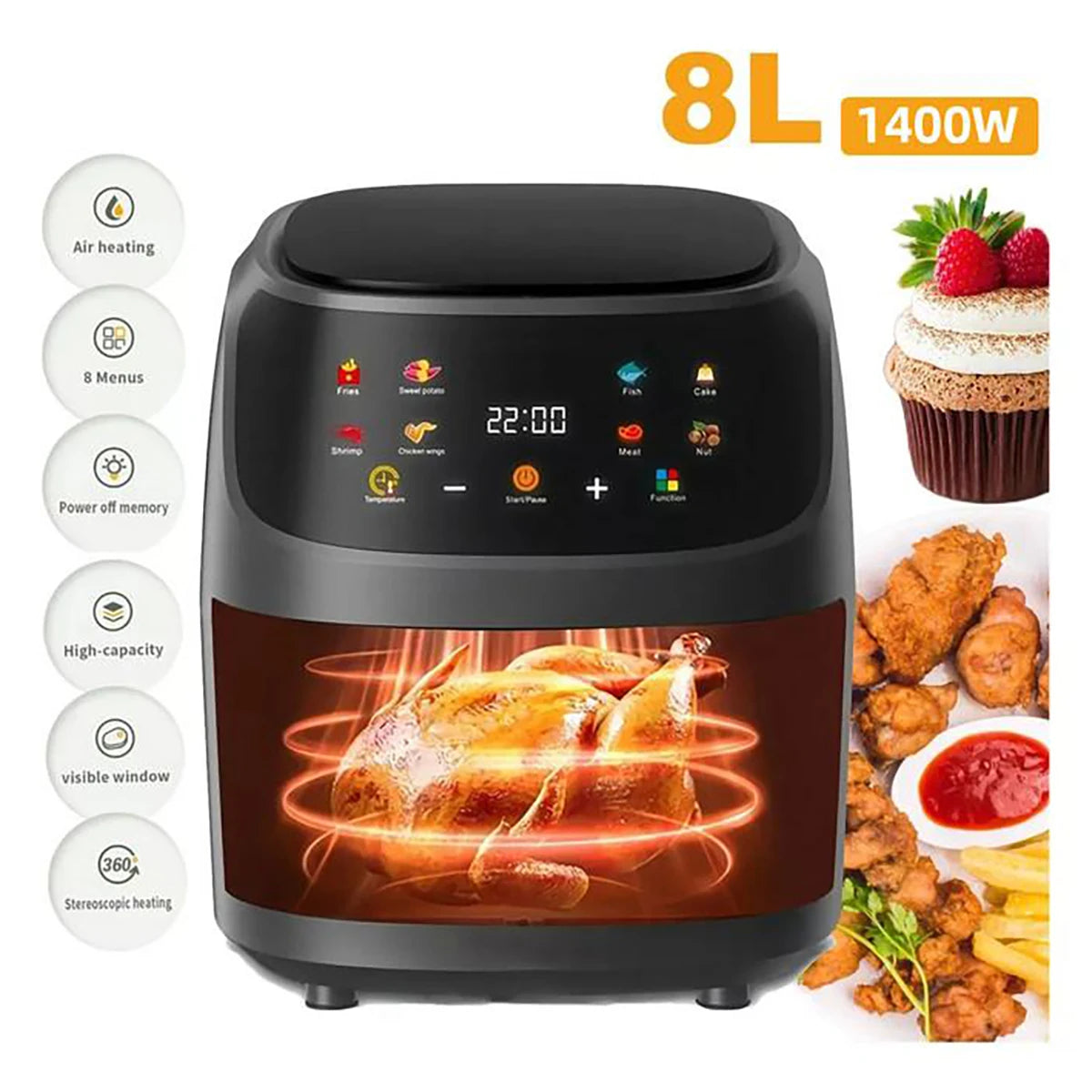 Friteuse à air sans huile 1400 W 8 L, appareil domestique programmable intelligent à LED tactile, cycle thermique, pour frites, poulet