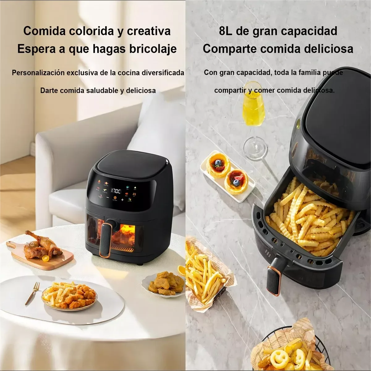 Friteuse à air sans huile 1400 W 8 L, appareil domestique programmable intelligent à LED tactile, cycle thermique, pour frites, poulet