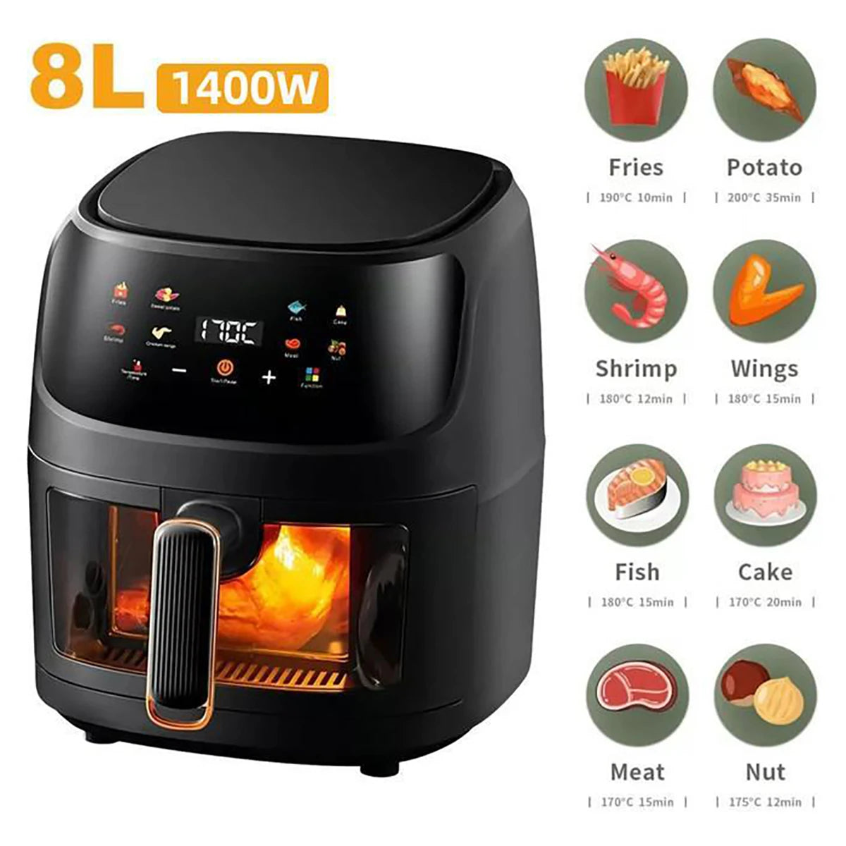 Friteuse à air sans huile 1400 W 8 L, appareil domestique programmable intelligent à LED tactile, cycle thermique, pour frites, poulet