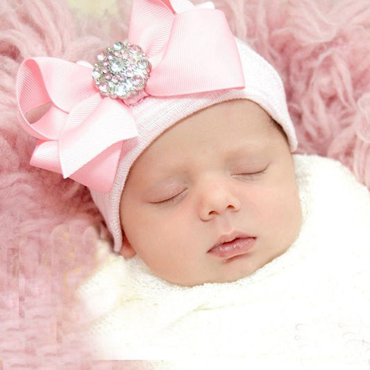 European and American Big Bow Glittering Diamond Pink Stripe Girl Baby Knitted Hat Newborn Baby Pullover Hat by eprolo