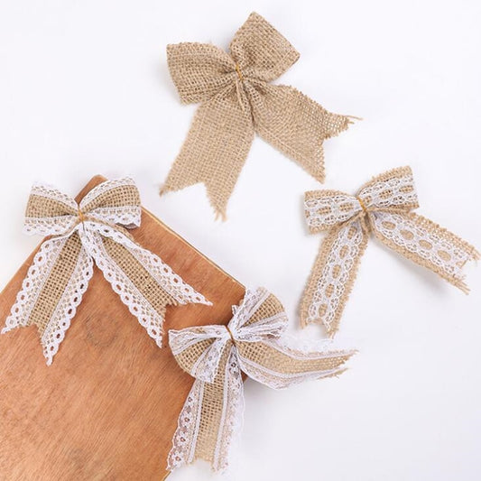 Nœud papillon vintage en toile de jute naturelle et dentelle, ruban, décoration de fête de mariage, emballage de boîte cadeau, bricolage