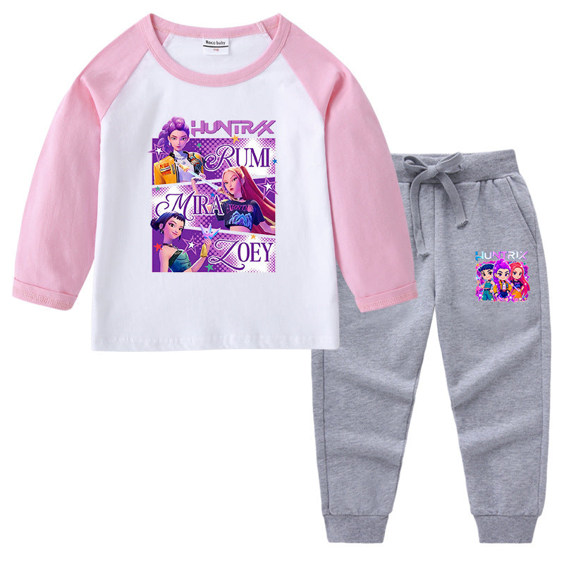 Kpop Witch Hunt Group Korean version raglan spring and autumn girls' T-shirt crew neck cartoon long-sleeved top base shirt set