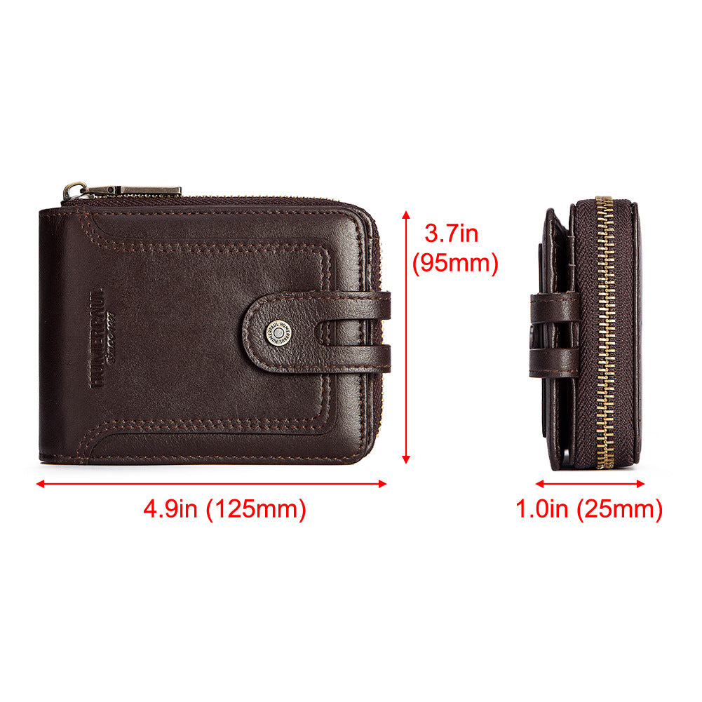 RFID anti-theft brush men's leather wallet top layer cowhide short coin purse zipper European and American retro leather goods men's bag