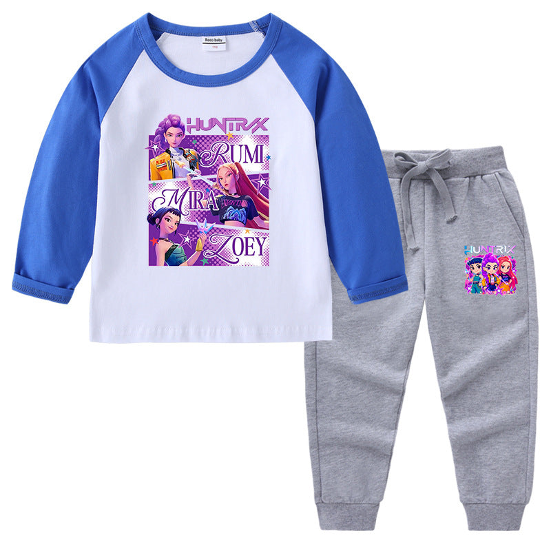 Kpop Witch Hunt Group Korean version raglan spring and autumn girls' T-shirt crew neck cartoon long-sleeved top base shirt set