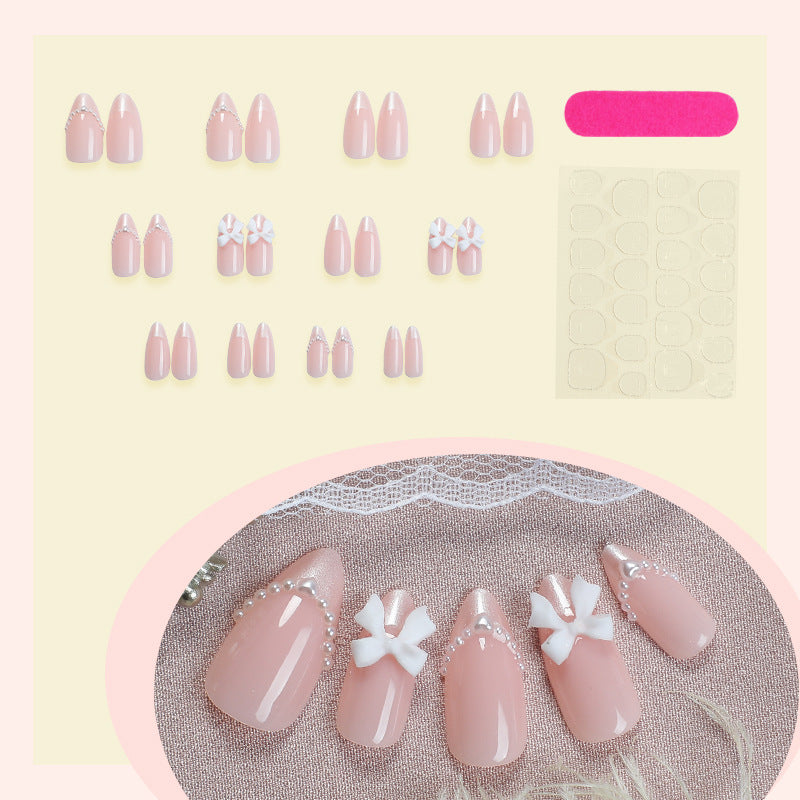 24 pieces cross-border foreign trade wearable nail ins bow pearl almond nail lady's nail finger nail piece spot wholesale