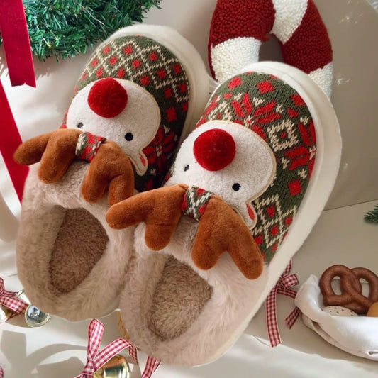 Cross-border Christmas elk cotton slippers female fleece non-slip winter warmth autumn and winter student bedroom home shoes