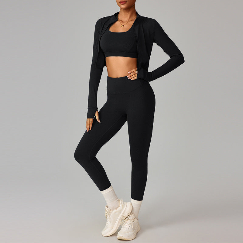 Cross-border cloud sense outdoor sports tight yoga suit set, nude fitness clothing, shockproof high-waisted yoga suit three-piece set