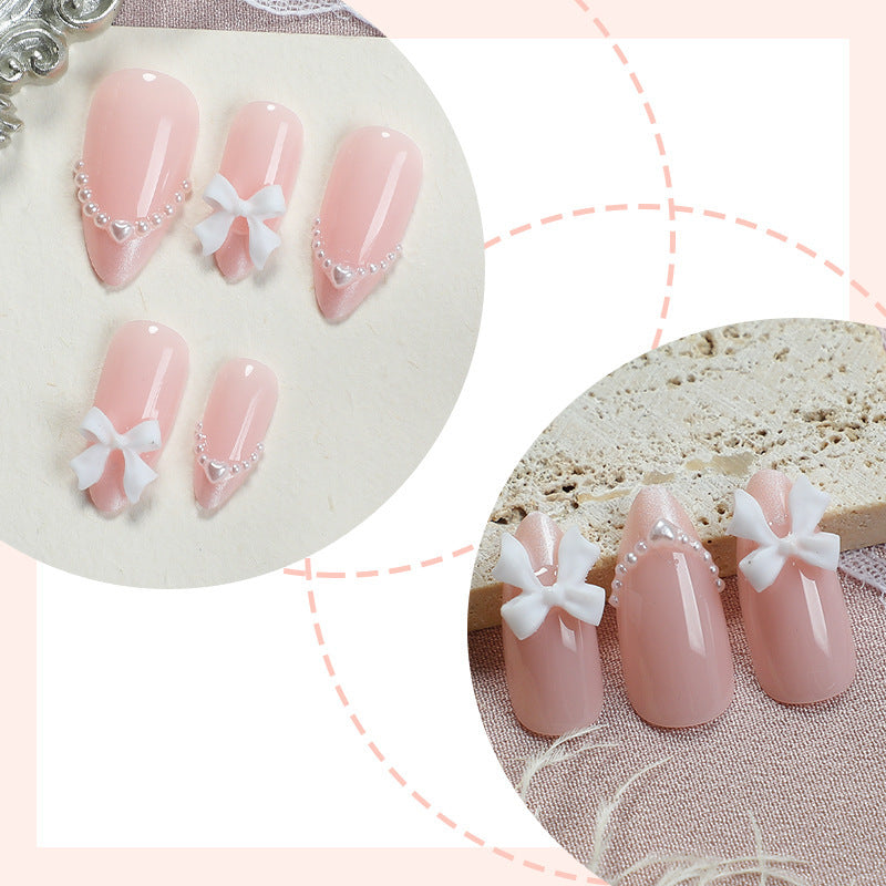24 pieces cross-border foreign trade wearable nail ins bow pearl almond nail lady's nail finger nail piece spot wholesale