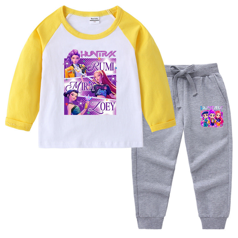 Kpop Witch Hunt Group Korean version raglan spring and autumn girls' T-shirt crew neck cartoon long-sleeved top base shirt set