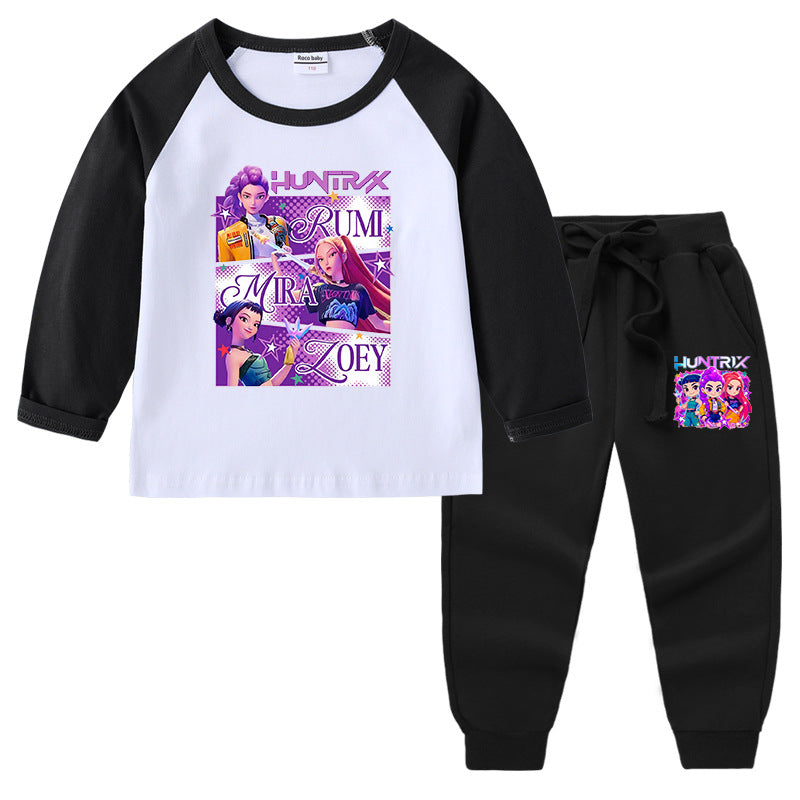 Kpop Witch Hunt Group Korean version raglan spring and autumn girls' T-shirt crew neck cartoon long-sleeved top base shirt set