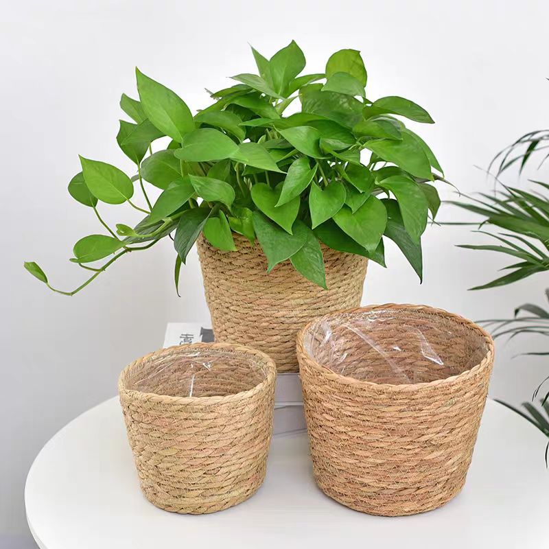 Nordic rattan straw flower pot simple woven flower basket green plant decoration large pot set living room balcony floor flower vase