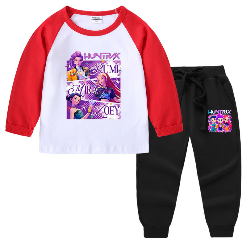 Kpop Witch Hunt Group Korean version raglan spring and autumn girls' T-shirt crew neck cartoon long-sleeved top base shirt set