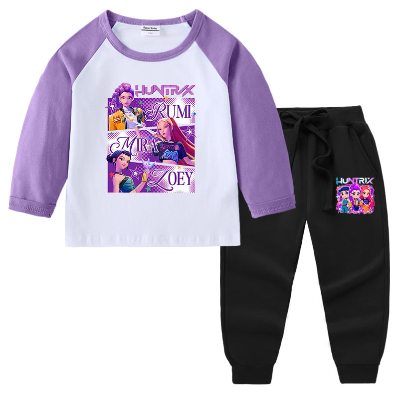 Kpop Witch Hunt Group Korean version raglan spring and autumn girls' T-shirt crew neck cartoon long-sleeved top base shirt set