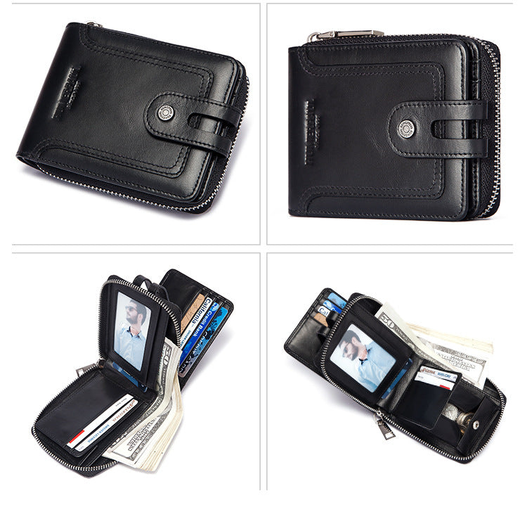 RFID anti-theft brush men's leather wallet top layer cowhide short coin purse zipper European and American retro leather goods men's bag