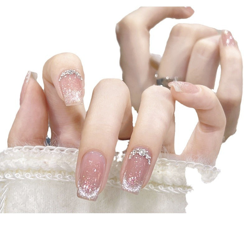 Pure handmade wearable nails show white, gentle temperament, French cat's eye flash, short ladder nail patch, finished ins style